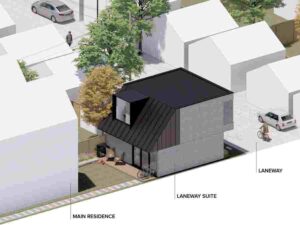 Architectural rendering showing a modern laneway suite built behind a main residence in a dense Toronto-style urban lot.