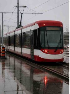 Finch West LRT train sitting on wet tracks during gloomy weather in Toronto