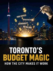 Toronto skyline with magical budget illustration showing city spending and affordability concerns.