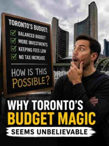 Man reacting to Toronto budget board outside Toronto City Hall questioning city finances.