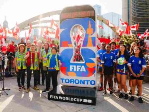 Toronto FIFA World Cup 2026 host city branding display in downtown Toronto