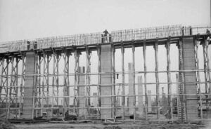 Construction of the Gardiner Expressway in Toronto during the 1960s showing concrete supports and elevated roadway structure