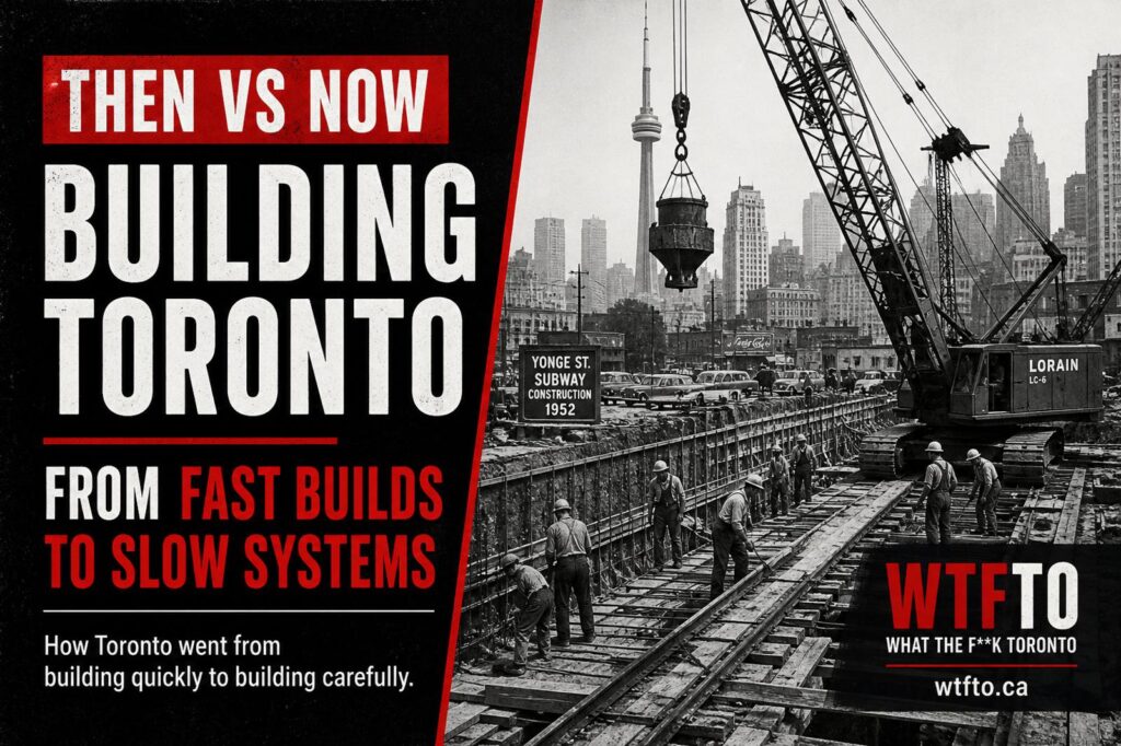 Historic black and white image of Yonge Street subway construction in Toronto during the 1950s with workers, cranes, and the downtown skyline in the background.