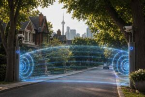 Editorial illustration of a Toronto neighbourhood with an invisible Wi-Fi-style gate across the street, portraying a virtual gated community created through surveillance technology.