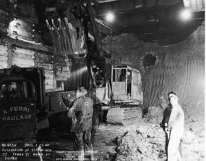 Toronto subway construction workers excavating the Yonge Street line tunnel in 1950 near Shuter Street