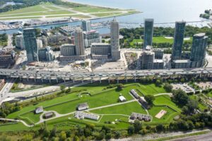 Aerial view of Fort York and downtown Toronto near the Gardiner Expressway.