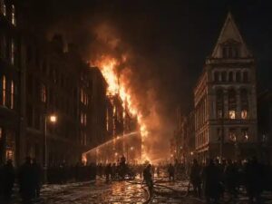Historical reconstruction of buildings burning during the Great Toronto Fire of 1904 near Bay and Wellington streets.